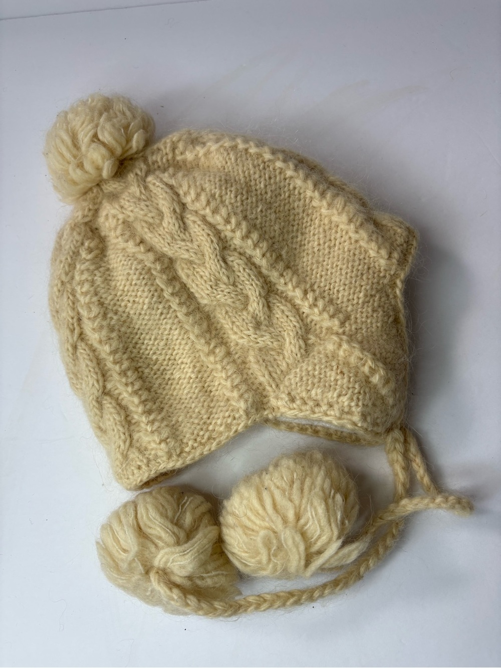 Nirvanna Handmade In Nepal Wool Blend Knit Pompom Earflap Tan Hat Warm Fisherman